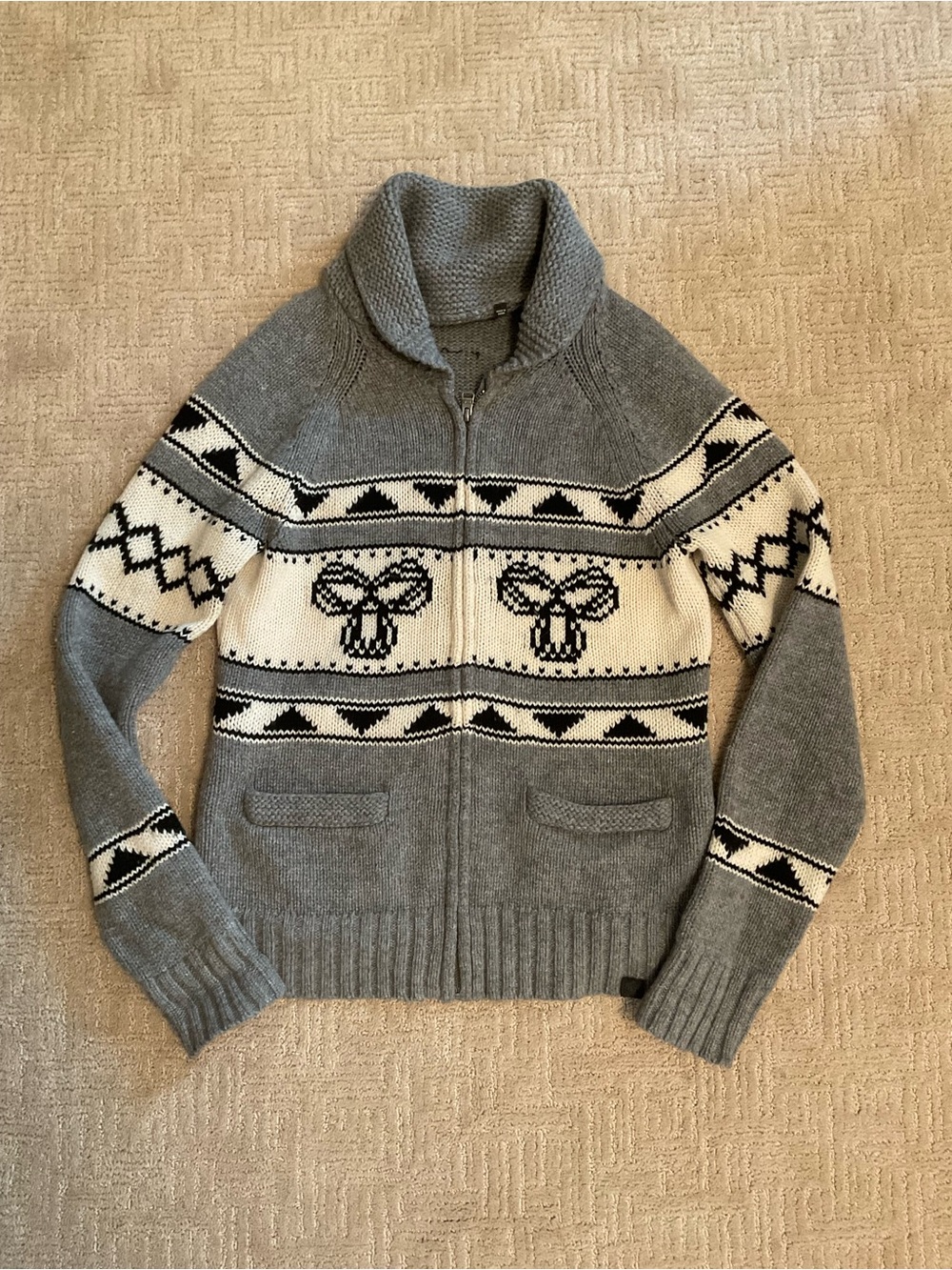 💜Aritzia TNA Sea to Sky 100% Lambswool Fair Isle Zip Sweater S/M Gray Cabincore